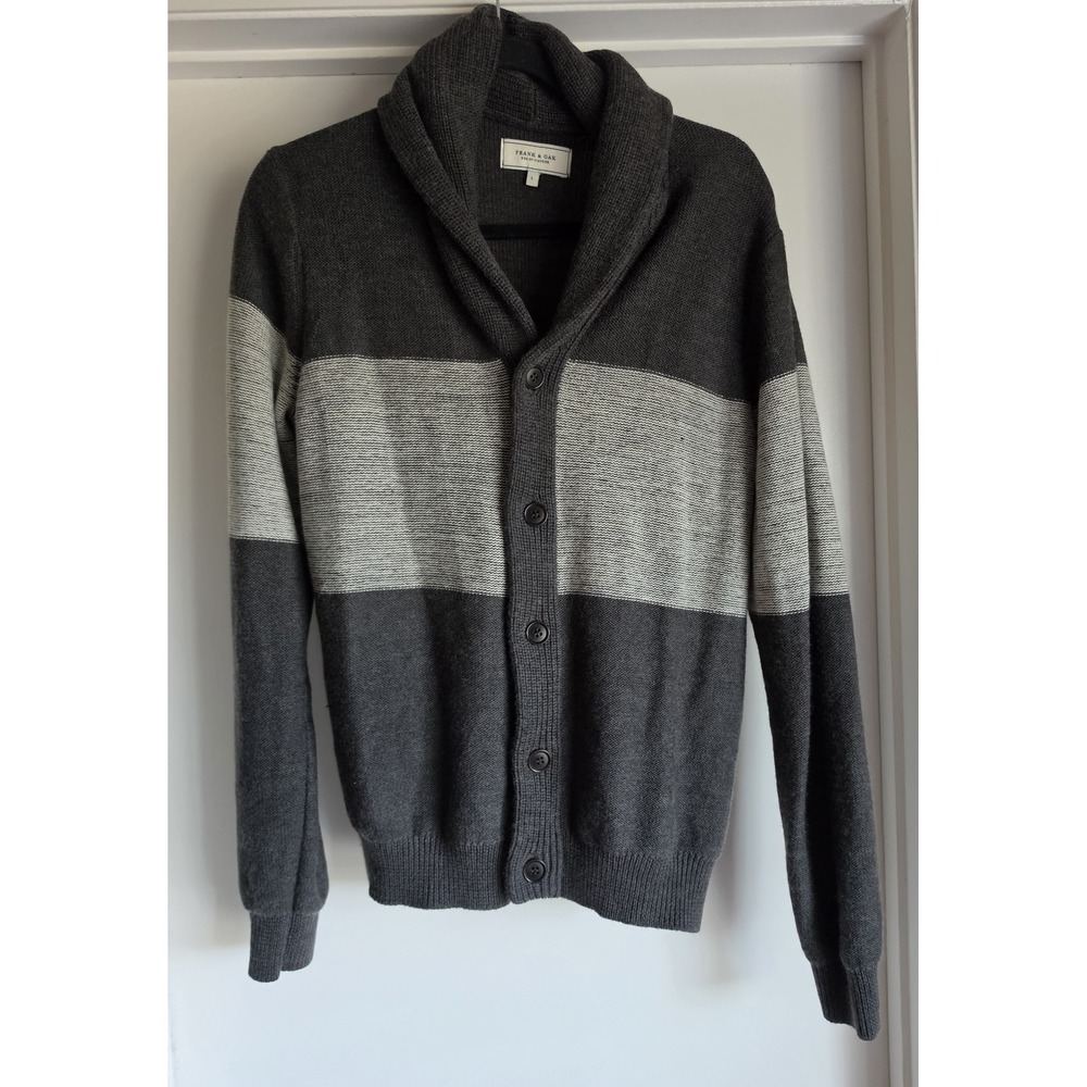 Frank & Oak Men Cardigan L Grey Striped Wool Collared Sweater Knit Pullover